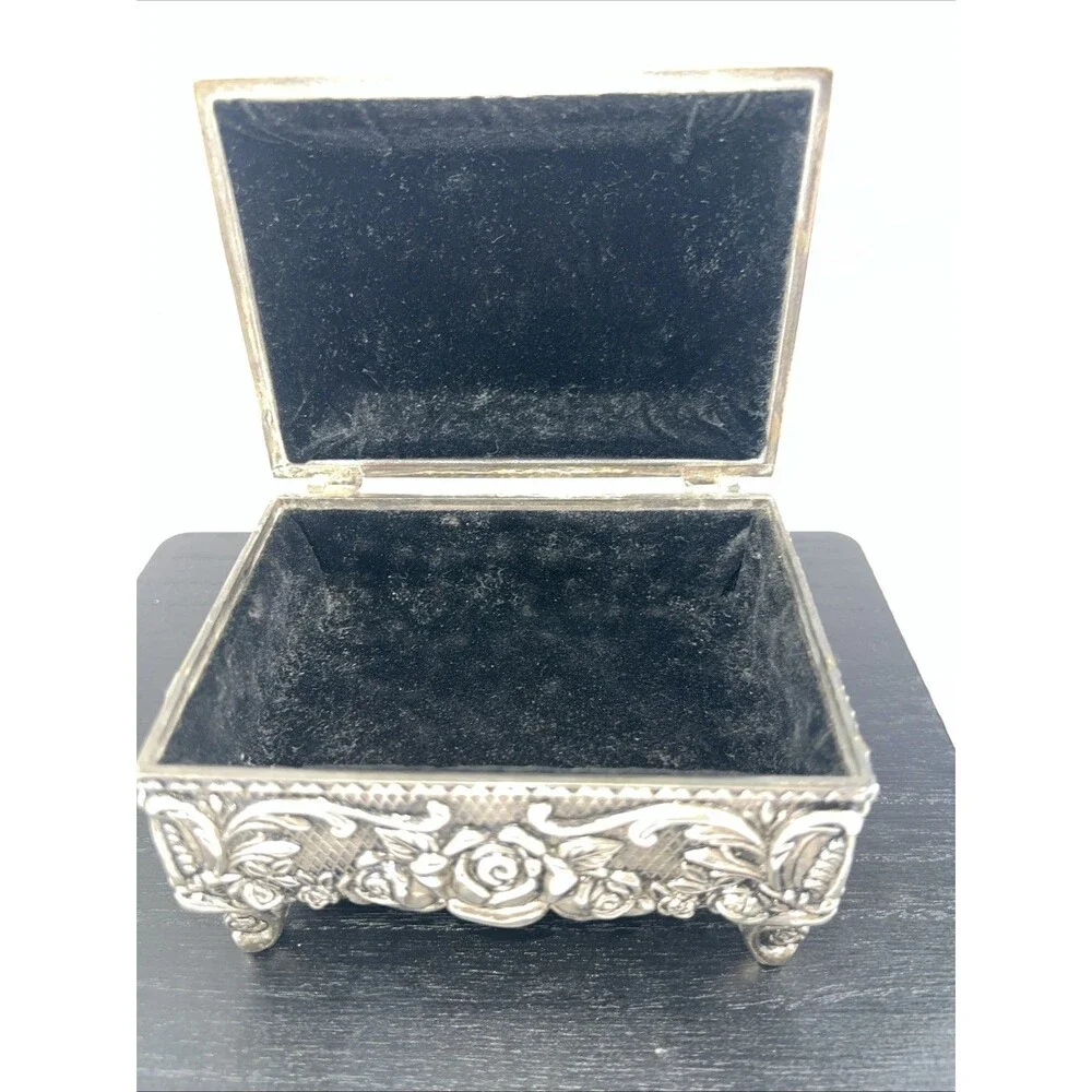 Silver Plated Pewter Rose Jewelry Box Trinket Box Velvet Lined Footed Vintage